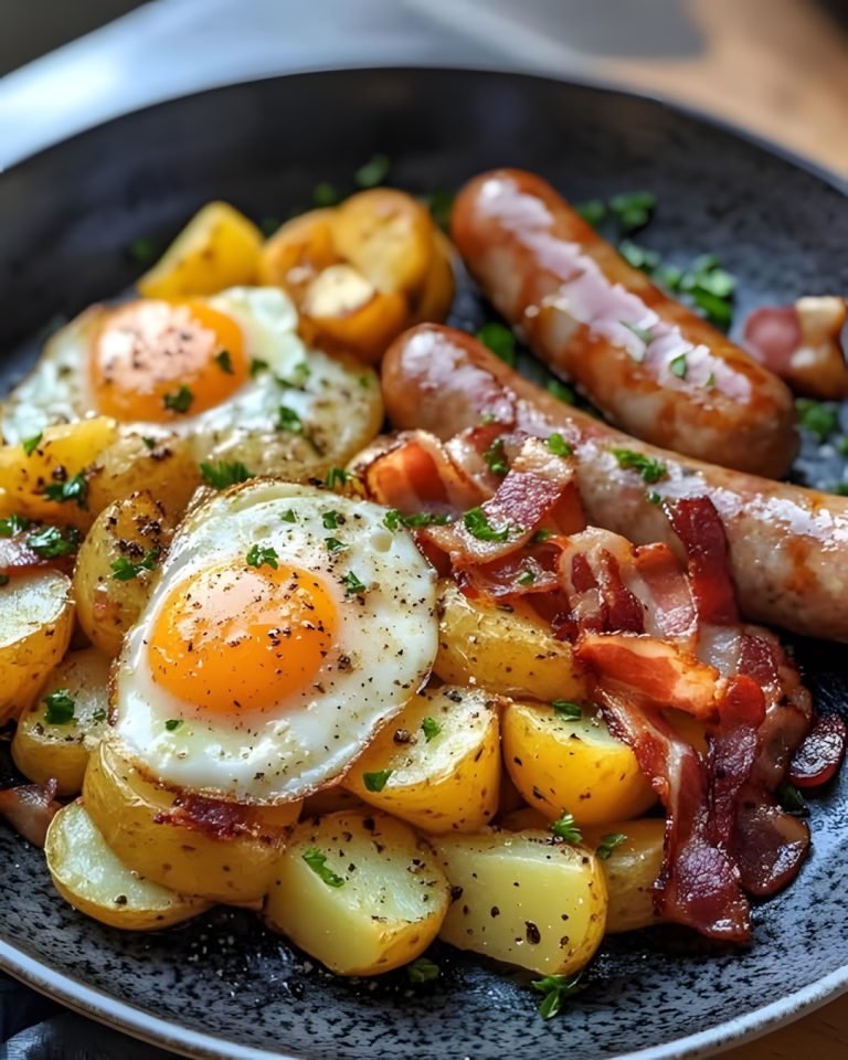 Smażone ziemniaki z kiełbasą i jajkiem sadzonym