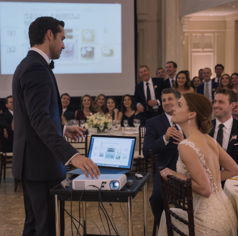 Zaraz na moim własnym ślubie mój tata podniósł mikrofon i powiedział: „Wznieście toast za córkę, która w końcu znalazła kogoś wystarczająco zdesperowanego, by się z nią ożenić” – cała sala wybuchnęła śmiechem, tylko mój mąż wstał, podłączył USB do projektora i powiedział: „Teraz wznieście toast za TO, CO ZROBIŁAŚ”… cztery minuty później nikt już się nie śmiał